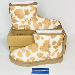 UGG Classic Mini Cow Print Mesa Sand Chestnut White Fur Shoes Women's Size 9 NEW